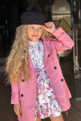 Riccotarz Kız Çocuk Üzeri Dantel İşlemeli Elbise Çift Cep Detaylı Kemerli Pembe Trençkot Pembe