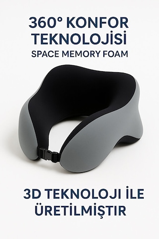 Vıscora Space Memory Foam Ortopedik Boyun Yastığı Seyahat Ve Ofis Kullanımı Gri - Siyah
