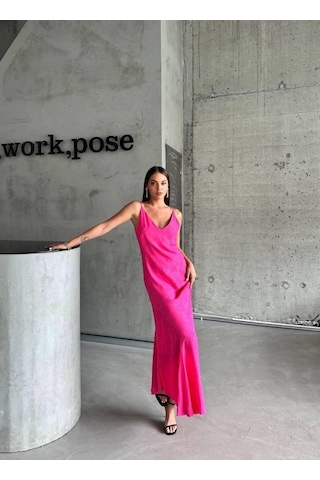 Simala Jakarlı Askılı Saten Elbise Asimetrik - Pembe Pembe
