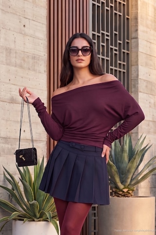 Lela Madonna Yaka Yarasa Kol Triko Bluz Kadın Bluz 5866892 Mürdüm