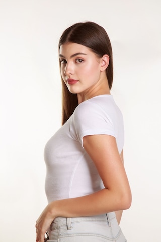 Kadın Basic Fitilli Likralı V Yaka Kollu Tshirt Atlet Bluz Beyaz