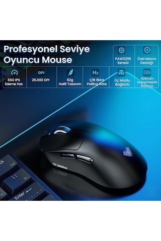 Aula Sc900 Pro Paw3395 Sensör 26000 Dpı 8000hz Kablolu Ve Kablosuz Gaming Oyuncu Mouse Siyah Sc900 Pro
