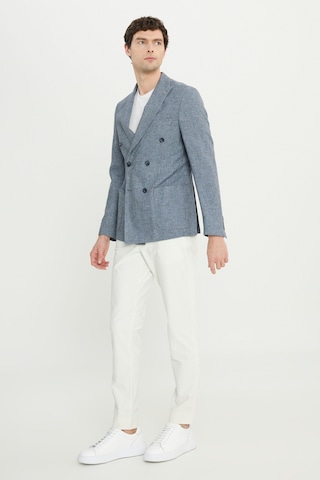 Erkek Indıgo Keten Slim Fit Dar Kesim Kırlangıç Yaka Flamlı Kruvaze Blazer Ceket Indıgo