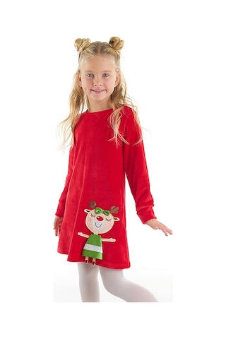 Denokids Yaramaz Geyik Kız Yılbaşı Kadife Kırmızı Elbise Renkli Kırmızı