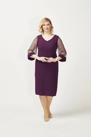 Moda Berray 1349 Mürdüm Kolları Taş Işlemeli Şık Büyük Beden Kısa Abiye Mürdüm