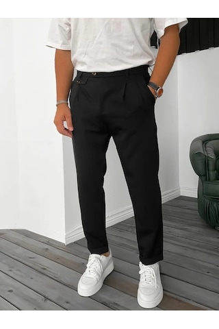 Erkek Belden Düğmeli Cepli Dokuma Pantolon Siyah
