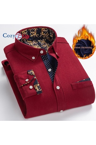 Cosy Up Fitilli Kadife Sıcak Erkek Polar Gömlek Kış İçin Sıcak Gömlek Kırmızı