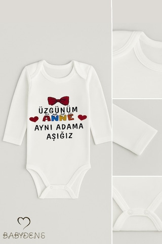 Babyden's Üzgünüm Anne Aynı Adama Aşığız Yazılı Uzun Kollu Çıtçıtlı Bebek Body Zıbın %100 Pamuk Unisex Body Beyaz