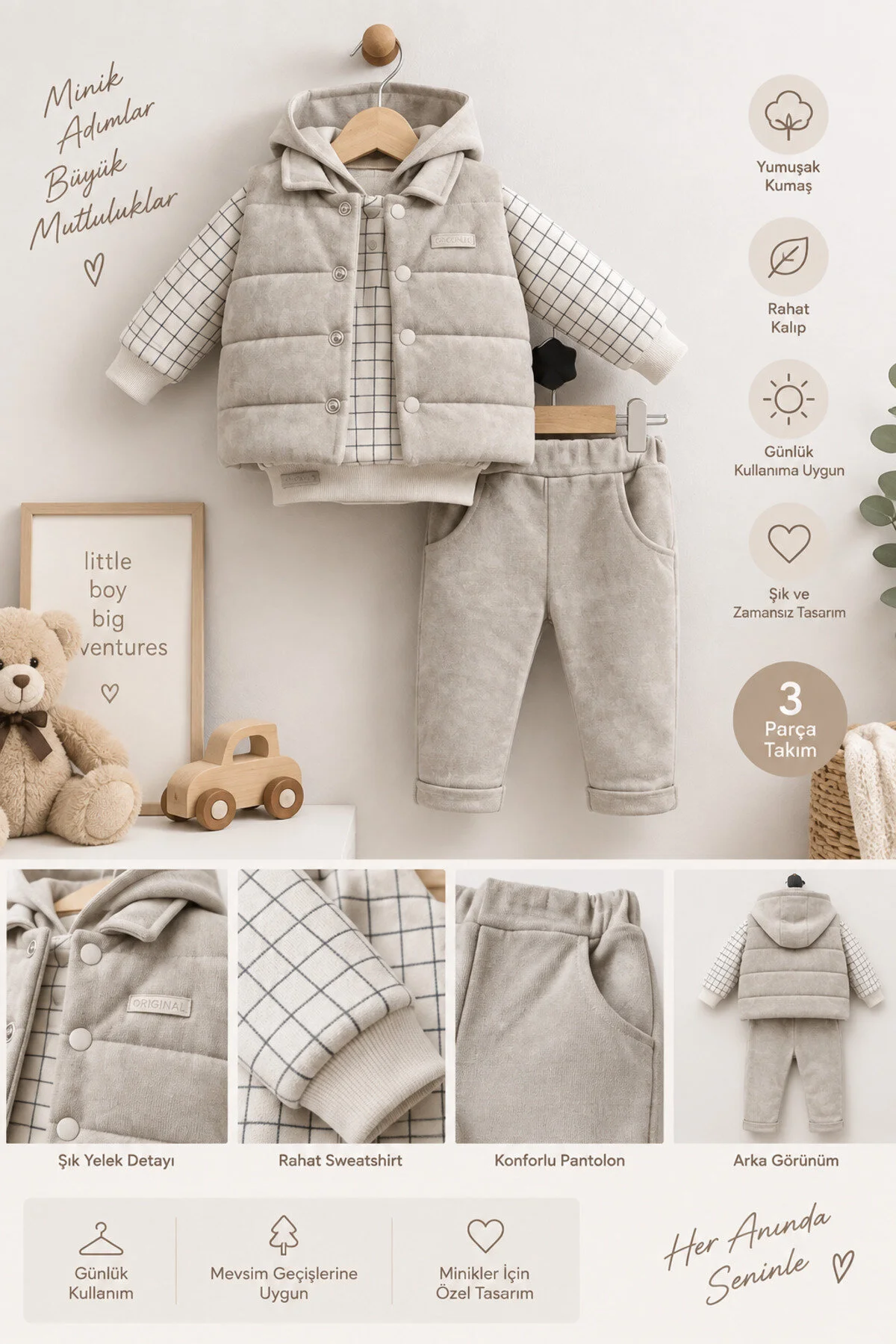 Bilge Trend Erkek Bebek Bej Kapüşonlu Sweat , Şişme Yelek , Pantolon 3 Parça Premium Seri Kışlık Takım