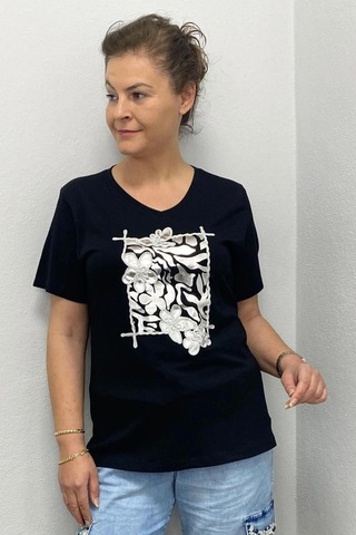 Kadın Siyah Gümüş Baskılı Tshirt Siyah