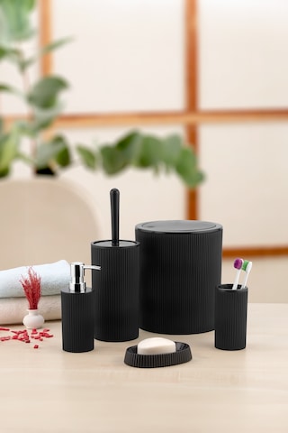 5'li Modern Ve Şık Banyo Seti, Sıvı Ve Katı Sabunluk, Diş Fırçalık, Çöp Kovası, Klozet Fırçası Siyah