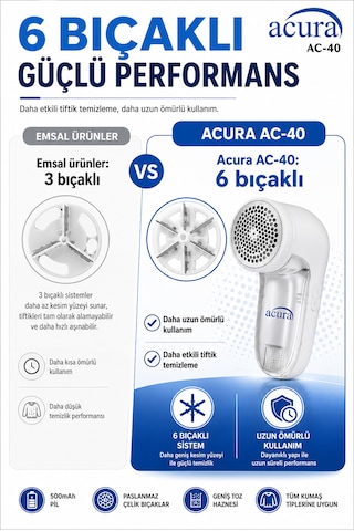 Acura Ac-40 6 Bıçaklı Şarjlı Tüy Ve Tiftik Temizleyici Beyaz
