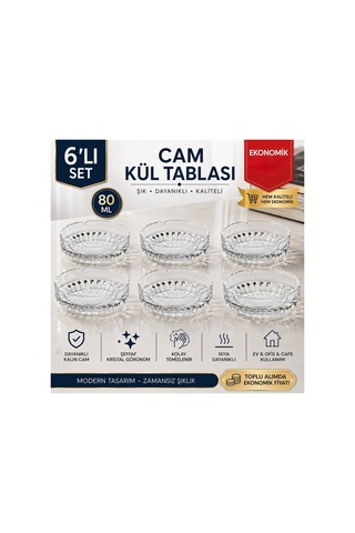 6 Lı Cam Kül Tablası Seti,şeffaf Kristal Görünümlü Dekoratif Ekonomik Şık Küllük,80 Ml