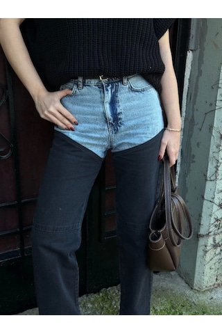 Sensuelle Jeans Kot Parçalı Palazzo Pantolon - Siyah Siyah