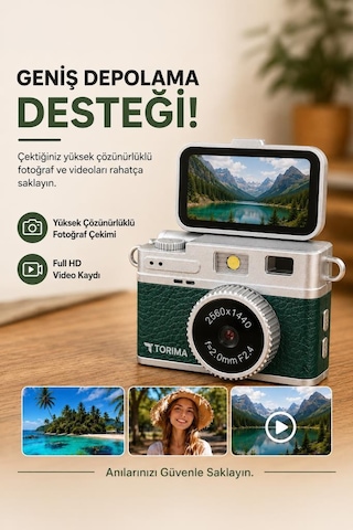 Mini Dijital Kamera 2k Flip Ekranlı Selfie Video Vlog Kamerası Cmr49 Koyu Yeşil Haki