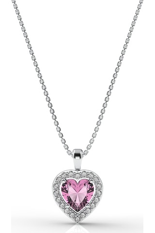 925 Ayar Pembe Taşlı Rodyum Pırlanta Görünümlü Kalp Gümüş Kolye Gümüş - Rodyum