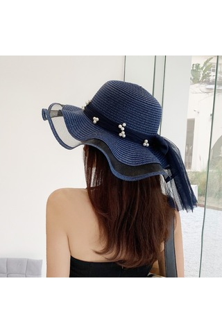 Şık Ve Zarif Bayanlar İçin İnci Detaylı Hasır Örgü Yazlık Güneş Şapkası Bej