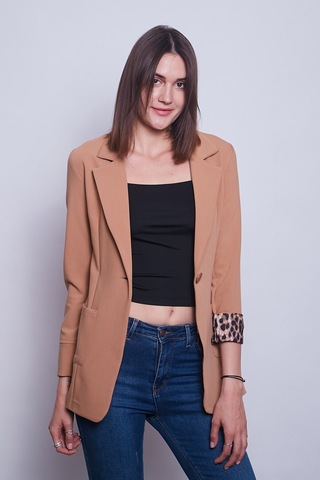 Jument Yakalı Cepli Uzun Kol Kolu İsterse Katlanabilen Kumaş Blazer Ofis Ceket-camel
