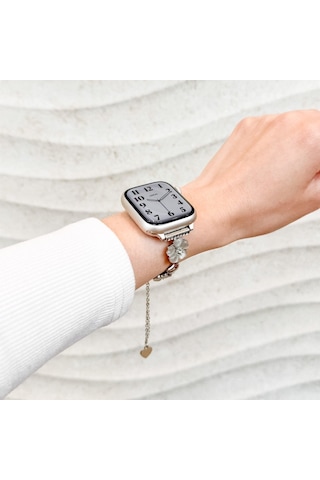 Apple Uyumlu Watch 10 Serisi 42mm - 38/40/41mm Kordon Taşlı Parlak İnce Flower Metal Bayanlar İçin Band