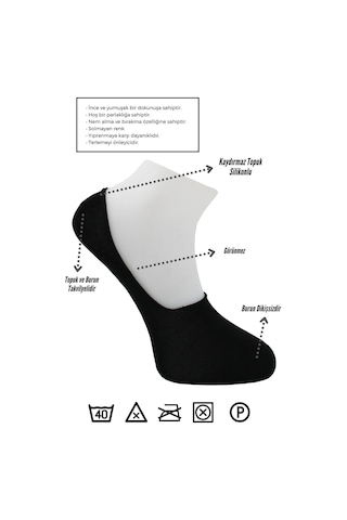 Erkek Babet Siyah Çorap Pamuklu Dikişsiz Görünmez Kaydırmaz Topuk Silikonlu 6'lı Paket Siyah