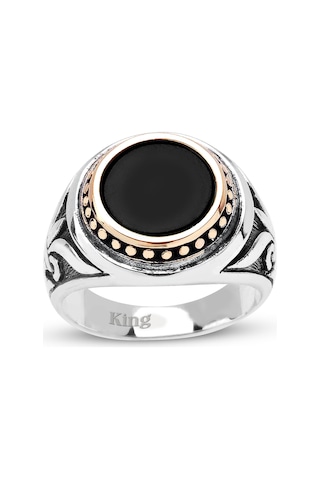 Kuyumcudukkanı Akik Renk Taşlı Üstü Bronz Parçalı Elyapımı Gümüş Erkek Yüzük-60013-w-blk 21 Beyaz