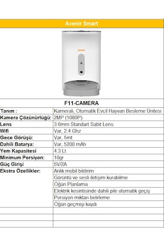 Avenir Fm-11 Wifi Kontrollu Akıllı Kameralı Ve Sesli Mama Kabı