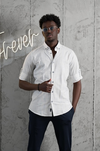 Advante İnce Çizgili Yaka Düğmeli Katlamalı Kol Pamuklu Slimfit Yazlık Keten Gömlek Mavi