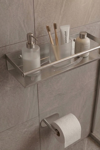 Zift Unique Paslanmaz Çelik Satine İnoks Yapışkan Montaj Banyo Rafı - Tuvalet Kağıdı Askısı Set Inox