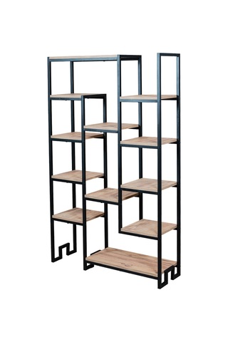 12 Raflı Modern Kitaplık Çiçeklik Ve Dekoratif Yaşam Ünitesi - Metal İskeletli Ahşap Raflı Siyah