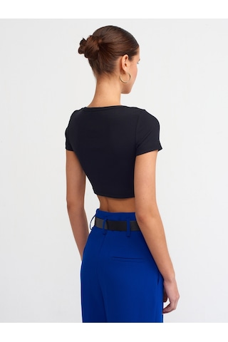 Dilvin Kısa Kollu Crop Top Siyah