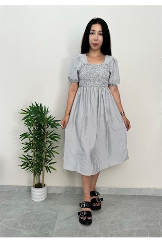 Simli Moda Çizgili Göğsü Lastikli Siyah Elbise Siyah