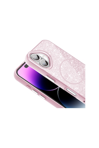Apple Uyumlu iPhone 17 Kılıf M-safe Şarj Özellikli Parlayan Simli Okso Kılıf Pembe