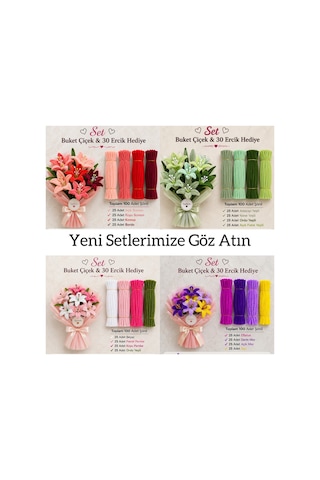 3'lü Set Pastel Pembe 50 , Beyaz 25 , Ordu Yeşili 25 Şönil ,çiçek Yapımına Uygun Tüylü Tel
