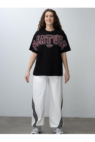 Kız Çocuk Future Baskılı Çizgili Oversize Eşofman Takım-15537 Siyah