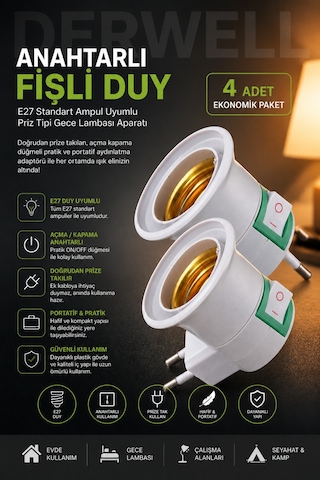 4 Adet Anahtarlı Fişli Duy E27 Standart Ampul Uyumlu Priz Tipi Gece Lambası Aparatı Doğrudan Priza Takılan Açma Kapama Düğmeli Portatif Pratik Duvar Aydınlatma Adaptörü, Beyaz Renk Ekonomik Plastik