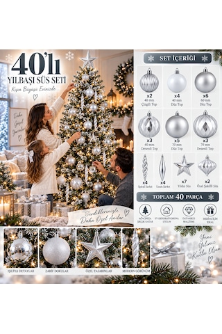 40 Parça Gümüş Yılbaşı Ağacı Süs Seti 40/60/70 Mm Toplar, Yıldız Ve Sarkıt Süsler 3 CM