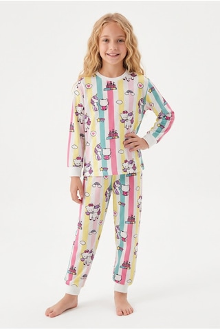 Bunny Hopp Kız Çocuk Uzun Kollu Pijama Takımı %100 Pamuk Renkli Çizgili Unicorn Ve Kedili Penye Çok Renkli