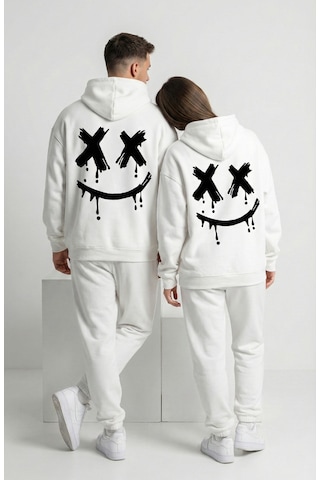 Nevermind Unisex Smile Baskılı Sevgili Kombini Oversize Hoodie Seti Beyaz