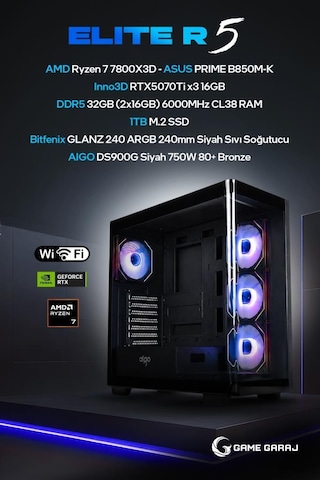 Game Garaj ELITE-R5 R7-7800X3D RTX5070Ti 32 GB 1 TB SSD Free Dos Oem Paket Masaüstü Oyuncu Bilgisayarı