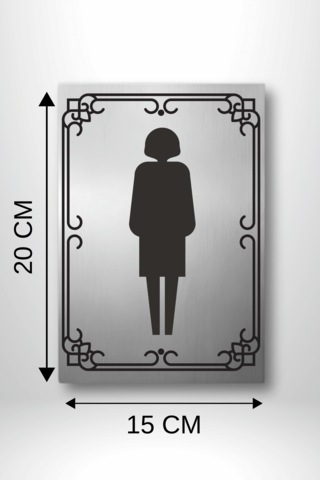 Dekoratif Metal Kadın Wc / Tuvalet Yönlendirme Levhası 20x15 Cm Gümüş Renk