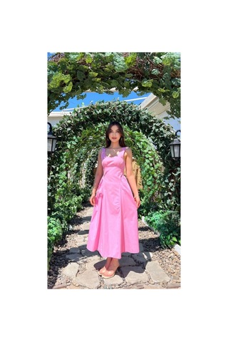 Moda Banuş Keten Pembe Askılı Bağcıklı Yazlık Elbise-dar Kalıp