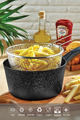 Polochef Melda Granit Kızartma Tavası 20cm Patates Kızartma Fritöz Telli Siyah