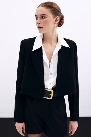 Sateen Kısa Krep Ceket - Siyah