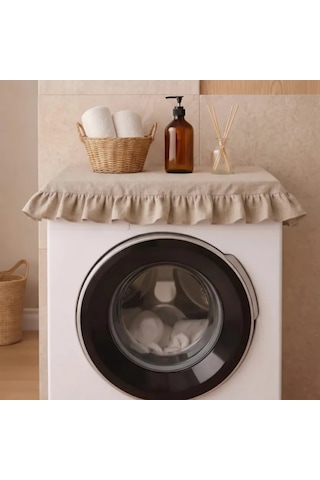 Fırfırlı Çamaşır Makinesi Örtüsü - Çeyizlik Dekoratif Banyo Makine Kılıfı- Bej