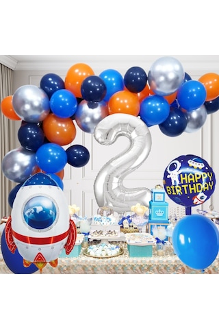 2 Yaş Uzay Temalı Doğum Günü Seti Uzay Mekiği Happy Birthday Yazı Renkli Balonlar Gümüş Folyo Rakam Çok Renkli