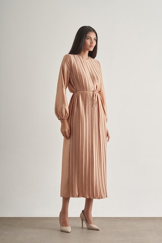 Mizalle Saten Dokulu İnce Piliseli Bej Rengi Maksi Elbise Bej