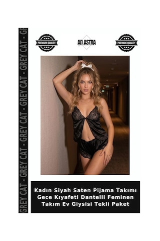 Grey Cat Kadın Siyah Saten Pijama Takımı Gece Kıyafeti Dantelli Feminen Takım Ev Giysisi Tekli Paket Diğer
