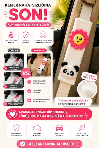Papatya Ve Pandalı Emniyet Kemeri Aksesuarı - Emniyet Kemeri Kılıfı - Araç Emniyet Kemeri Omuz Koruyucu 1 Adet