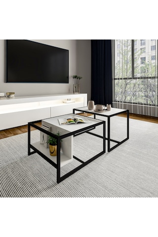 Batı 2 Li Modern Orta Sehpa Takımı Metal Ayaklı, Alt Raflı Beyaz