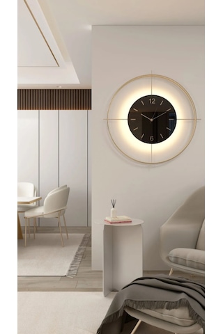 MetaQuartz Aksesuar (Büyük Boy-55*55 cm)Gold Deluxe Ledli Pilli - Siyah Göbek - Modern Dekoratif Metal D Gold